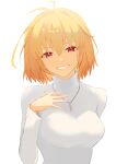  1girl absurdres antenna_hair arcueid_brunestud arm_behind_back blonde_hair breasts commentary highres jewelry looking_at_viewer moritaeaka pendant red_eyes short_hair simple_background smile solo tsukihime upper_body white_background 