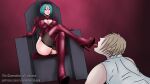  1boy 1girl blue_hair breasts femdom high_heels highres humiliation licking non-web_source painkillerakapk red_leather smile stiletto_heels the_queendom_of_lithzena 