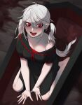  1girl absurdres barefoot black_dress breasts cleavage coffin dress fangs genderswap genderswap_(mtf) grey_hair highres kuzuha_(nijisanji) long_hair nijisanji off-shoulder_dress off_shoulder open_mouth pointy_ears red_eyes salty_gana sanya_(kuzuha) sitting smile solo twintails vampire wariza 