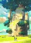  1boy 1girl building cloud day fantasy gnome highres holding_hands katou_oswaldo original outdoors scenery sky tree 