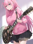  1girl absurdres black_skirt blue_eyes bocchi_the_rock! breasts commentary_request cowboy_shot electric_guitar gotoh_hitori guitar highres holding holding_instrument instrument jacket large_breasts lingshalan long_hair long_sleeves looking_at_viewer miniskirt one_side_up pink_hair pink_jacket pleated_skirt skirt solo standing very_long_hair 