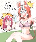  2girls animal_ears between_breasts black_hair blue_eyes blush bra breasts cleavage couch covering_mouth cup drinking_glass hakos_baelz heterochromia highres hololive hololive_english horns ice ice_cube irys_(hololive) light_leo long_hair mouse_ears mouse_girl mouse_tail multicolored_hair multiple_girls panties pointy_ears polka_dot polka_dot_bra polka_dot_panties purple_eyes purple_hair red_hair see-through sitting spilling streaked_hair tail underwear underwear_only virtual_youtuber water wet wet_clothes white_hair 