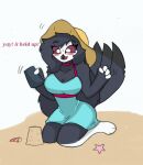  anthro avian beach big_breasts blush breasts english_text female helluva_boss hi_res octavia_(helluva_boss) pace-maker seaside small_waist solo text wide_hips 
