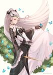  atoatto black_dress black_gloves breasts bug butterfly choker cleavage dagger dress earrings eir_(fire_emblem) fire_emblem fire_emblem_heroes gloves grass holding holding_dagger holding_knife holding_weapon jewelry knife long_hair long_sleeves ponytail tiara weapon white_dress white_hair 
