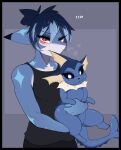  ambiguous_gender anthro biped blue_body clothed clothing derio_(kakhao) duo eeveelution feral fin fish generation_1_pokemon hi_res kakhao looking_at_viewer marine nintendo pokemon pokemon_(species) quadruped red_eyes shark smile vaporeon yellow_body 
