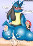  &lt;3 anal anal_penetration arquemipe big_breasts big_butt big_penis blue_background blue_body blue_fur blush bodily_fluids breasts butt butt_grab cum cum_in_ass cum_inside duo english_text female fur generation_4_pokemon genital_fluids genitals hand_on_butt hearts_around_head hi_res huge_breasts huge_butt huge_penis lucario male male/female nintendo overweight penetration penis pokemon pokemon_(species) red_eyes sex simple_background sole_female speech_bubble tail text thick_thighs 