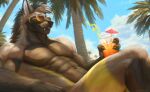  anthro beach beverage canid canine clockhands eyewear fox fur grey_body grey_fur holding_beverage holding_object male mammal muscular muscular_male nude palm_tree plant seaside solo sunglasses tree tvorsk 