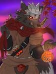  anthro black_body black_fur canid canine canis domestic_dog fur hair halloween hi_res holidays jack-o&#039;-lantern katana licking licking_lips lifewonders male mammal melee_weapon ninja red_eyes reikimei scar scarf solo sword tadatomo tokyo_afterschool_summoners tongue tongue_out warrior weapon white_hair yellow_sclera 