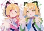  2girls :p absurdres animal_ear_headphones animal_ears arm_up asymmetrical_bangs blonde_hair blue_archive blue_bow blue_necktie blush bow cat_ear_headphones closed_mouth collared_shirt double_v embarrassed fake_animal_ears furrowed_brow glowing green_eyes green_halo hair_bow halo hand_to_head hand_up hands_up headphones heart highres hood hood_down hooded_jacket jacket long_sleeves looking_at_viewer midori_(blue_archive) momoi_(blue_archive) multiple_girls multiple_hair_bows natsuse_nanise necktie off_shoulder one_eye_closed open_clothes open_jacket open_mouth pink_halo red_bow red_eyes shirt short_hair_with_long_locks sidelocks simple_background sweatdrop tongue tongue_out upper_body v v-shaped_eyebrows wavy_mouth white_background white_jacket white_shirt wide_sleeves 