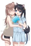  2girls :d animal_ears anz32 bare_shoulders bike_shorts black_hair black_shorts blue_eyes blue_shirt blue_skirt blush bow brown_hair brown_hoodie cat_ears cat_girl cat_tail closed_eyes closed_mouth collared_shirt commentary_request dog_ears dog_girl dog_tail hair_between_eyes hair_bow hand_fan holding holding_fan hood hood_down hoodie long_hair multiple_girls original paper_fan shirt short_shorts short_sleeves shorts simple_background skirt sleeveless sleeveless_hoodie smile standing sweat tail twintails twitter_username uchiwa very_long_hair wavy_mouth white_background yellow_bow 