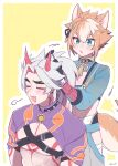  2boys =3 adjusting_another&#039;s_hair alternate_costume animal_ears arataki_itto bodypaint closed_eyes dog_boy dog_ears dog_tail facepaint fang genshin_impact gorou_(genshin_impact) grey_hair hair_ornament highres homare_(g_hmr88) horns long_hair male_focus multicolored_hair multiple_boys open_mouth orange_hair outline parted_lips ponytail red_hair red_horns simple_background tail tassel thick_eyebrows toned toned_male vision_(genshin_impact) white_hair white_outline yellow_background 