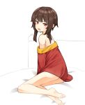  1girl absurdres arm_support ass bare_back bare_shoulders barefoot bed bed_sheet blunt_bangs bright_pupils brown_hair commentary dress from_side full_body headboard highres kono_subarashii_sekai_ni_shukufuku_wo! looking_at_viewer looking_to_the_side megumin off-shoulder_dress off_shoulder on_bed open_mouth red_dress red_eyes short_dress short_hair short_hair_with_long_locks sidelocks sitting solo teeth tosi_(t0s1_0000) upper_teeth_only v-shaped_eyebrows white_background yokozuwari 