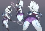  anthro askart badminton_racket bottomwear bovid breasts butt camel_toe caprine clothed clothing crop_top female floppy_ears front_view fur hair hi_res kindred_(lol) lamb_(lol) league_of_legends long_ears mammal mask nipple_outline panties purple_eyes rear_view riot_games sheep shirt skirt solo topwear underwear white_body white_fur white_hair 