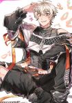  1boy bare_shoulders bishounen blush earrings eiden_(nu_carnival) gom_pop highres jewelry long_sleeves looking_at_viewer male_focus nu_carnival official_alternate_costume official_alternate_hairstyle orange_eyes ring short_hair sitting white_hair zipper_pull_tab 