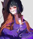  1girl antennae black_hair bob_cut cigarette commentary e.g.o_(project_moon) gloves grey_background grin holding holding_cigarette jacket limbus_company looking_at_viewer moth_ram open_mouth opened_can_of_wellcheers orange_jacket overalls project_moon purple_gloves purple_overalls red_eyes ryoshu_(limbus_company) short_hair simple_background smile smoke smoke_trail solo teeth 