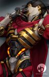  1boy @_(symbol) cape cyborg english_commentary hand_on_own_face looking_at_viewer male_focus mechanical_arms mechanical_hands mechanical_parts momo-deary official_alternate_costume omnic overwatch overwatch_2 ramattra_(overwatch) red_cape robot torso twitter_username upper_body 