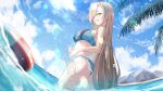  1girl ass asuna_(blue_archive) asymmetrical_bangs beach bikini blonde_hair blue_archive blue_eyes blue_hair blue_sky breasts cloud cloudy_sky day glint grin hair_ribbon highres hishiki_(pixi14719710) horizon large_breasts lens_flare lifebuoy light_rays long_hair looking_at_viewer ocean outdoors ribbon sarong sky smile solo sparkle sun sunlight swimsuit tree very_long_hair wading water water_drop 