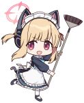  1girl :d animal_ear_headphones animal_ears apron bell_(oppore_coppore) black_dress black_footwear blonde_hair blue_archive blue_bow bow broom chibi collared_dress commentary_request dress fake_animal_ears frilled_apron frills full_body hair_bow halo headphones highres holding holding_broom long_sleeves maid maid_headdress momoi_(blue_archive) momoi_(maid)_(blue_archive) pantyhose pink_eyes puffy_long_sleeves puffy_sleeves red_bow shoes sidelocks simple_background smile solo standing standing_on_one_leg tail twintails white_apron white_background white_pantyhose 