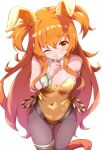  absurdres animal_ears arm_behind_back blush breasts collarbone commentary_request commission covered_navel finger_to_mouth grin hair_between_eyes hair_ornament highres horse_ears horse_girl horse_tail looking_at_viewer mayano_top_gun_(umamusume) one_eye_closed orange_eyes orange_hair pantyhose playboy_bunny sanami_(sanami_t_38) skeb_commission small_breasts smile tail umamusume white_background 