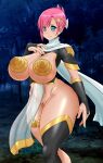  absurdres bad_source bottomless breasts covered_nipples covered_pussy estellise_sidos_heurassein forest highres huge_breasts large_breasts nature night outdoors pink.s pink_hair princess revealing_clothes short_hair tales_of_(series) tales_of_vesperia thick_thighs thighhighs thighs wide_hips 
