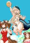  3girls absurdres angelina_(arknights) animal_ears arknights barefoot bikini black_collar blue_sky breasts brown_hair collar crocodilian_tail curled_horns eyjafjalla_(arknights) flower fox_ears fox_girl hair_flower hair_ornament highres horns infection_monitor_(arknights) large_tail medium_breasts multiple_girls off-shoulder_bikini off_shoulder one-piece_swimsuit orange_eyes palms pink_bikini pink_eyes plaid plaid_bikini pointy_ears red_eyes red_one-piece_swimsuit renxzd sheep_ears sheep_girl sheep_horns sky swimsuit tail tomimi_(arknights) twintails volleyball waist_cutout white_flower white_one-piece_swimsuit 