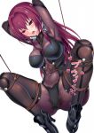  1girl armor arms_behind_head black_footwear bodysuit breasts commentary covered_navel fate/grand_order fate_(series) hair_between_eyes hair_intakes half-closed_eyes high_heels large_breasts long_hair object_insertion open_mouth panties pauldrons purple_bodysuit purple_hair red_eyes ryou_(ryoutarou) scathach_(fate) sex_toy shibari shoulder_armor solo suspension underwear vaginal vaginal_object_insertion vibrator vibrator_under_clothes vibrator_under_panties white_background 