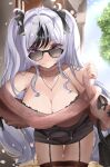  1girl absurdres azur_lane bag bare_shoulders black_hair bow bra bra_peek breasts choker cleavage closed_mouth elbe_(azur_lane) elbe_(pure-hearted_bad_girl)_(azur_lane) garter_straps hair_bow handbag highres large_breasts long_hair looking_at_viewer multicolored_hair off-shoulder_sweater off_shoulder official_alternate_costume outdoors pencil_skirt purple_eyes rei_tuki skirt solo streaked_hair sunglasses sweater two_side_up underwear white_hair zettai_ryouiki 