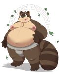  2023 anthro asian_clothing belly big_belly brown_body bulge canid canine clothing east_asian_clothing green_eyes hi_res japanese_clothing kemono kusosensei leaf male mammal mawashi moobs navel nipples overweight overweight_male raccoon_dog shoutaro solo tanuki 