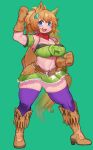  1girl animal_ears arm_up belt blue_eyes blush boots breasts brown_footwear cleavage clenched_hands full_body gloves green_background green_skirt hair_between_eyes hair_ornament high_heels highres knee_boots large_breasts legs_apart light_brown_hair linea_alba long_hair looking_at_viewer midriff navel open_mouth sanjiro_(tenshin_anman) simple_background skirt solo standing star_(symbol) taiki_shuttle_(umamusume) tail tareme teeth thick_thighs thighhighs thighs umamusume zettai_ryouiki 