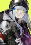  1girl assault_rifle blue_hair commentary english_commentary facial_mark girls&#039;_frontline glowing glowing_eyes green_background green_eyes gun hair_ornament helmet highres hk416_(fang)_(girls&#039;_frontline) hk416_(girls&#039;_frontline) hood hood_down hooded_jacket jacket long_hair looking_at_viewer mask mask_around_neck mik_blamike official_alternate_costume parted_lips respirator rifle simple_background solo tactical_clothes tom_clancy&#039;s_the_division upper_body weapon white_jacket 