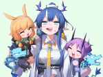  3girls ^_^ animal_ears arknights black_gloves black_jacket black_shorts blue_gloves blue_hair blush breasts cheek_pull closed_eyes coat dragon dragon_girl dragon_horns earrings gloves hair_ornament hairclip hibiscus_(arknights) highres horns jacket jewelry kroos_(arknights) ling_(arknights) long_hair looking_at_viewer multicolored_hair multiple_girls necktie open_clothes open_coat open_jacket open_mouth orange_hair pointy_ears purple_gloves purple_hair shorts streaked_hair striped_necktie teeth upper_teeth_only yachima_tana 