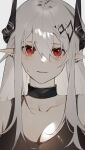  1girl arknights bare_shoulders black_shirt blush breasts cleavage closed_mouth collar collarbone docchibii ear_piercing grey_hair hair_ornament highres horns infection_monitor_(arknights) long_hair looking_at_viewer medium_breasts mudrock_(arknights) parted_lips piercing pointy_ears red_eyes shirt sidelocks simple_background solo sweatdrop tank_top upper_body white_background 