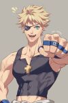  1boy abs blonde_hair blue_eyes eyepatch fingerless_gloves gloves guilty_gear guilty_gear_strive highres looking_at_viewer male_focus muscular muscular_male open_mouth pectorals short_hair sin_kiske smile talgi 