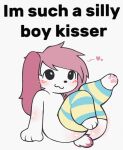  :3 al3xdabrony ambiguous_gender anthro artist_name big_butt big_eyes black_eyes black_nose blush body_blush boy_kisser_(meme) butt butt_blush english_text fur hair heart_reaction hi_res lagomorph leporid long_ears male_(lore) mammal pawpads pink_hair rabbit scut_tail short_tail solo tail text thick_thighs thigh_highs_only white_body white_fur 