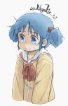  1girl arawi_keiichi_(style) blue_eyes blue_hair blush closed_mouth collarbone crying crying_with_eyes_open frown highres long_sleeves medium_hair naganohara_mio nichijou nishimura_(prism_engine) nose_blush red_ribbon ribbon sailor_collar school_uniform short_twintails simple_background solo tears twintails upper_body white_background white_sailor_collar 