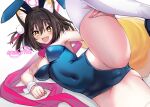  1girl :d absurdres alternate_costume animal_ears areola_slip bare_shoulders black_hair blue_archive blue_leotard blush breasts brown_hair cameltoe covered_navel detached_collar fake_animal_ears fang fox_ears fox_tail highres izuna_(blue_archive) leg_up leotard long_hair looking_at_viewer lying medium_breasts open_mouth playboy_bunny rabbit_ears short_hair signature simple_background smile solo spread_legs strapless strapless_leotard tail thighhighs thighs white_background white_thighhighs wisespeak wrist_cuffs yellow_eyes 