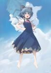  1girl barefoot blue_bow blue_dress blue_eyes blue_hair blush bow cirno collared_shirt detached_wings dress fairy full_body hair_between_eyes hair_bow highres ice ice_wings open_mouth pinafore_dress puffy_short_sleeves puffy_sleeves shirt short_hair short_sleeves siyumu sleeveless sleeveless_dress smile solo touhou white_shirt wings 
