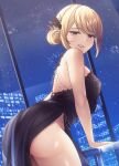  1girl absurdres aerial_fireworks azur_lane black_dress blonde_hair cityscape dress english_commentary evening_gown fireworks hair_ornament highres legs looking_at_viewer no_panties official_alternate_costume prince_of_wales_(a_knight&#039;s_song_a_lady&#039;s_night)_(azur_lane) prince_of_wales_(azur_lane) pumpkinpaii red_eyes side_slit thighs window 