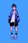  1girl absurdres black_shorts black_socks blue_background blue_footwear blue_hair blue_theme bright_pupils cross expressionless full_body hands_in_pockets highres jacket jewelry long_hair looking_at_viewer necklace original print_jacket purple_eyes shadow shirt shoes shorts simple_background socks solo standing white_pupils white_shirt yoshi_mi_yoshi 