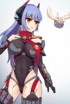  1boy 1girl bare_shoulders black_gloves black_leotard black_thighhighs blue_hair breasts brown_eyes commentary_request covered_navel elbow_gloves gloves gradient_background grey_background groin headgear highres large_breasts leotard long_hair looking_to_the_side poppi_(xenoblade) poppi_qtpi_(xenoblade) thighhighs tirari9336_(mochila9336) tora_(xenoblade_2) very_long_hair white_background xenoblade_chronicles_(series) xenoblade_chronicles_2 