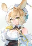  1girl :d animal_ears arknights bare_shoulders blonde_hair breasts cleavage cleavage_cutout clothing_cutout dorothy_(arknights) gloves green_eyes hair_intakes hat highres hourglass large_breasts long_hair long_sleeves looking_at_viewer mouse_ears nitoron open_mouth simple_background smile solo teeth underbust upper_body upper_teeth_only white_background white_headwear yellow_gloves 