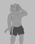  2020 absurd_res anthro blush blush_lines bottomwear clothed clothing digital_drawing_(artwork) digital_media_(artwork) felid front_view fur fur_tuft grey_background gym_bottomwear gym_clothing gym_shorts hair hand_in_hair hand_on_head hi_res kemono lion looking_at_viewer male mammal mane nipples nobodyshouse pantherine pattern_bottomwear pattern_clothing portrait shorts simple_background sketch smile solo standing striped_bottomwear striped_clothing stripes three-quarter_portrait topless topless_male touching_hair tuft 