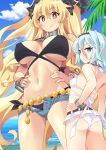  2girls anne_bonny_(fate) anne_bonny_(swimsuit_archer)_(fate) anne_bonny_(swimsuit_archer)_(first_ascension)_(fate) ass back bare_shoulders beach belly_chain belt bikini black_bikini black_hairband black_headwear blonde_hair blue_eyes blue_shorts blue_sky blush breasts cleavage collar cuffs denim denim_shorts fate/grand_order fate_(series) hairband hat highres jewelry large_breasts long_hair looking_at_viewer mary_read_(fate) mary_read_(swimsuit_archer)_(fate) mary_read_(swimsuit_archer)_(first_ascension)_(fate) metal_collar microskirt multiple_girls navel open_fly pirate_hat red_eyes scar scar_on_face shore short_hair short_shorts shorts sidelocks skirt sky small_breasts smile swimsuit thighs two_side_up white_bikini white_hair xiafuizui 