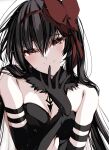  1girl akemi_homura akuma_homura bare_shoulders black_hair blush bow breasts closed_mouth gloves hair_between_eyes hair_bow hair_ribbon highres long_hair looking_at_viewer mahou_shoujo_madoka_magica mahou_shoujo_madoka_magica:_hangyaku_no_monogatari misteor purple_eyes ribbon simple_background smile solo upper_body white_background 