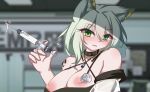  1girl absurdres animal_ear_fluff animal_ears arknights blurry blurry_background blush breasts breasts_out cat_ears cat_girl criss-cross_halter cum_in_syringe dior-zi dress green_eyes green_hair hair_between_eyes halterneck hand_up highres holding holding_syringe indoors kal&#039;tsit_(arknights) large_breasts looking_at_viewer medium_hair nipples off-shoulder_dress off_shoulder open_mouth oripathy_lesion_(arknights) parted_lips portrait solo syringe 