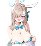  1girl :d animal_ears asuna_(blue_archive) asuna_(bunny)_(blue_archive) bare_shoulders blue_archive blue_leotard blue_ribbon breasts commentary english_commentary fake_animal_ears hair_over_one_eye hair_ribbon halo large_breasts leotard looking_at_viewer mole mole_on_breast official_alternate_costume playboy_bunny rabbit_ears ribbon seion simple_background smile solo teeth upper_body upper_teeth_only white_background 