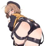  ahoge anis_(nikke) ass beret blonde_hair blush embarrassed goddess_of_victory:_nikke hat highres intensify_0 jacket open_mouth panties pleated_skirt sewer short_hair skirt thigh_strap thighhighs thighs underground underwear white_hair white_skirt yellow_eyes yellow_jacket 