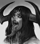  2023 black_sclera bodily_fluids cum cum_drip cum_on_face curved_horn demon demon_humanoid dripping female genital_fluids greyscale headshot_portrait hi_res horn horned_humanoid humanoid justsomenoob long_tongue monochrome muscular muscular_female muscular_humanoid nipples not_furry open_mouth portrait sharp_teeth solo sweat teeth tongue tongue_out 