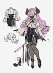  1girl alternate_costume black_footwear black_gloves commentary draph gloves granblue_fantasy hair_over_one_eye high_heels highres horns katana long_hair mask mouth_mask narmaya_(granblue_fantasy) neck_ribbon pointy_ears purple_hair ribbon shimatani_azu sketch sword weapon 