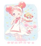  1girl anniversary blush cake closed_mouth conago confetti dodo_(ojamajo_doremi) double_bun dress fairy finger_to_mouth food fruit hair_bun hair_ornament hairband harukaze_doremi holding holding_food looking_at_viewer musical_note musical_note_hair_ornament ojamajo_doremi one_eye_closed pink_eyes puffy_short_sleeves puffy_sleeves red_hair red_scarf scarf short_hair short_sleeves smile standing strawberry white_dress white_hairband 